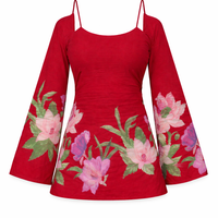 Laila Floral Bell Sleeve Kurti | Red Halter Neck Kurti with Back Corset & Hand-Painted Peony Print