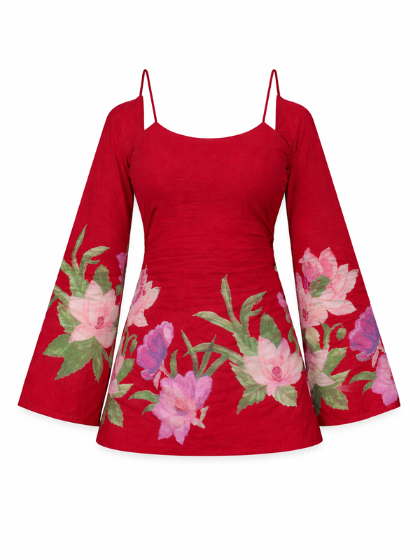 Laila Floral Bell Sleeve Kurti | Red Halter Neck Kurti with Back Corset & Hand-Painted Peony Print