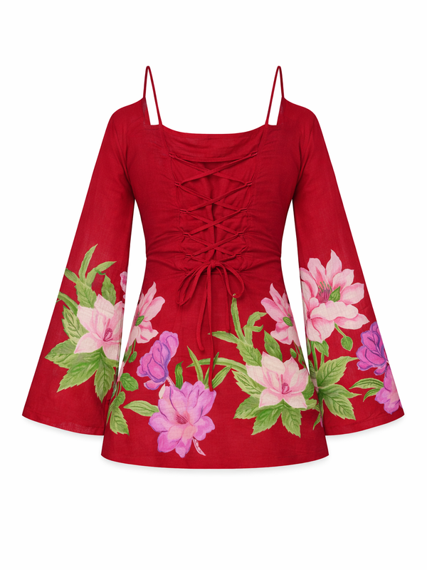 Laila Floral Bell Sleeve Kurti | Red Halter Neck Kurti with Back Corset & Hand-Painted Peony Print