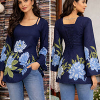 Laila Floral Bell Sleeve Kurti | Blue Halter Neck Kurti with Back Corset & Hand-Painted Peony Print