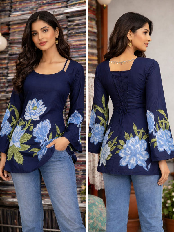 Laila Floral Bell Sleeve Kurti | Blue Halter Neck Kurti with Back Corset & Hand-Painted Peony Print