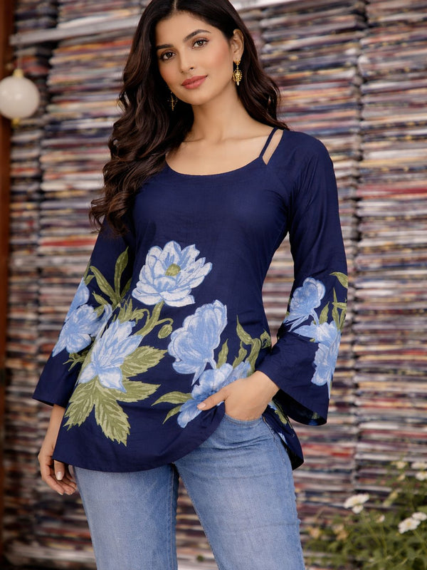 Laila Floral Bell Sleeve Kurti | Blue Halter Neck Kurti with Back Corset & Hand-Painted Peony Print